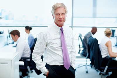 Buy stock photo Portrait, mature or businessman in office as manager or leader with team for growth or project development. Coworking, confident and serious boss in workplace with employees or busy staff in company