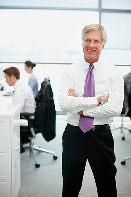 Buy stock photo Portrait, business and mature man with arms crossed and financial advisor with pride. Mature person, people and employee in workplace, leadership and accounting with pride, smile and career ambition