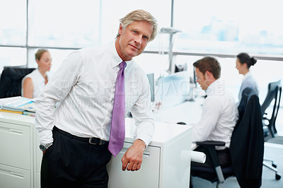 Buy stock photo Portrait, mature or proud manager in office as CEO or leader with team for business or project development. Coworking, enterprise or confident boss in workplace for employees or busy staff in company