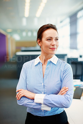 Buy stock photo Portrait of beautiful business woman with hands folded looking away