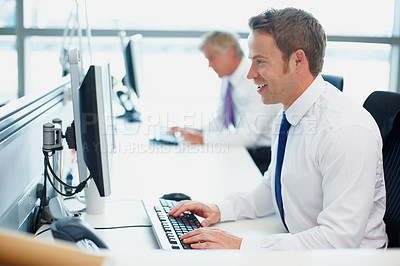 Buy stock photo Businessman, computer and thinking for project, research or internet report in office. Email update, manager and professional employee planning for finance, accounting or proposal brainstorming