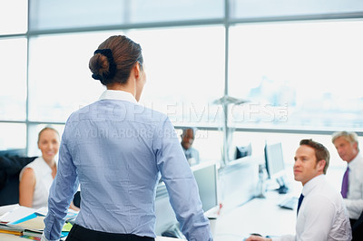 Buy stock photo Feedback, listening and manager with employees, office and explanation for virtual assistant and talking. Digital, information and advice for corporate people, business and assistance for interns