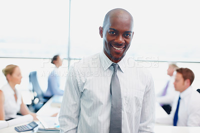 Buy stock photo Portrait, smile or businessman in office as manager or leader with team for growth or project development. Coworking, confident and financial advisor in workplace with accountants or staff in company