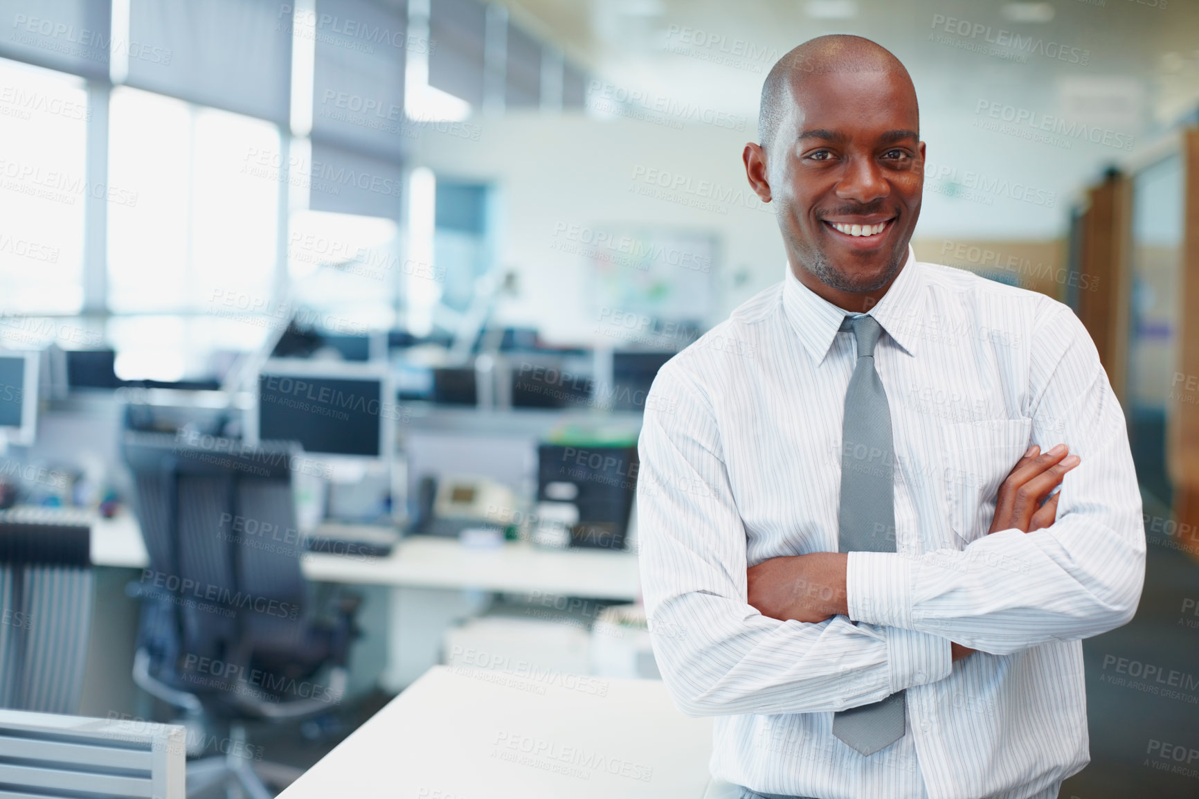 Buy stock photo Happy, crossed arms and portrait of black man in office with confidence for career development. Smile, pride and professional African male corporate attorney from Nigeria in law firm for legal job.