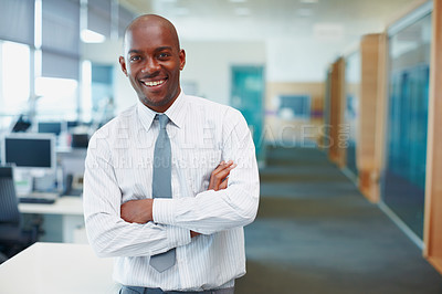 Buy stock photo Smile, crossed arms and portrait of black man in office with confidence for career development. Happy, pride and professional African male corporate attorney from Nigeria in law firm for legal job.