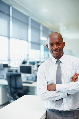 Buy stock photo Portrait, business and black man in office, arms crossed and confidence with career ambition. African person, employee and consultant in workplace, financial advisor and accounting with pride