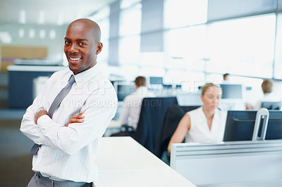 Buy stock photo Arms crossed, smile or businessman in portrait as manager or leader with team or growth in accounting firm. Coworking, confident or financial advisor in workplace with accountants or staff in company