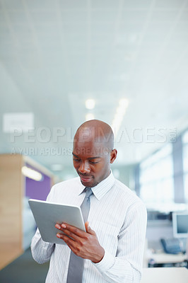 Buy stock photo Businessman, tablet and thinking for digital project, research or internet report in office. Email update, manager and professional employee happy for finance, accounting or proposal communication