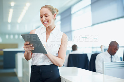 Buy stock photo Business woman, tablet and smile for digital project, research or internet report in office. Email update, manager and professional employee happy for finance, accounting or proposal communication