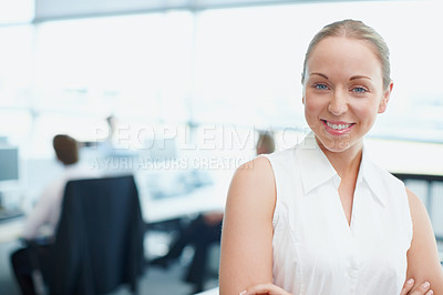 Buy stock photo Portrait, confident and woman in office, arms crossed and ambitious for career path, smile and publicist. Proud, happy and professional for public relations, joy and person in morning and Canada