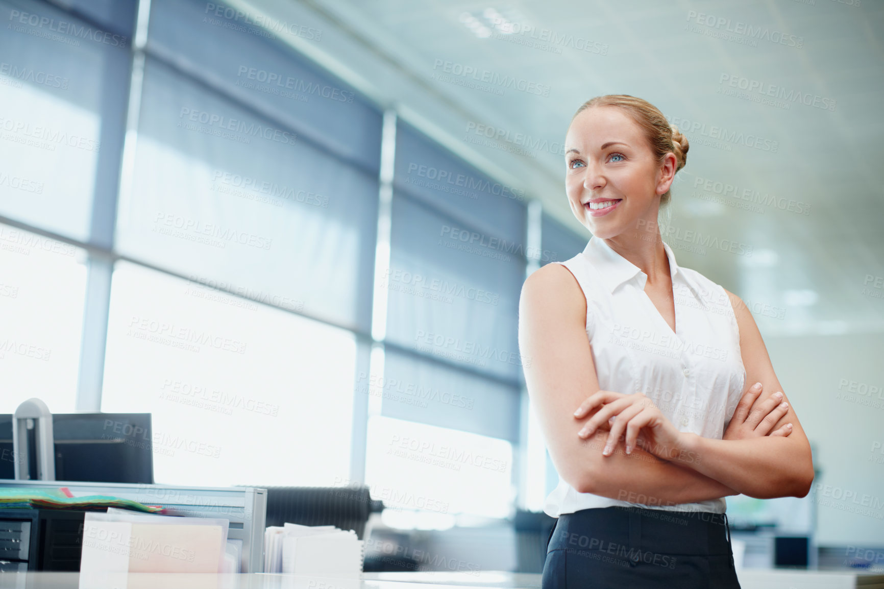 Buy stock photo Happy woman, arms crossed and thinking in office for business, career development and future ideas. Employee, confident and planning in corporate workplace for choice, decision making or day dreaming