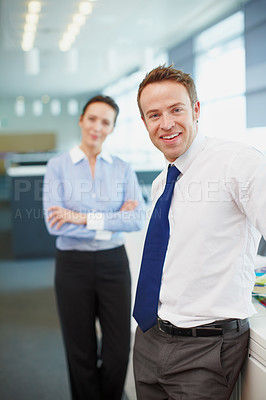 Buy stock photo Confident, smile and businessman in portrait as manager or leader with team or growth in accounting firm. Coworking, happy and financial advisor in workplace with accountants and staff in company