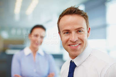 Buy stock photo Portrait, business people and man in office, smile and confidence with career ambition. Face, employees and consulting agency for accounting, financial advisor and corporate professional in workplace