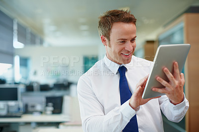 Buy stock photo Businessman, tablet and smile for project management, research or internet report in office. Email update, manager and professional employee planning for finance, accounting or proposal ideas