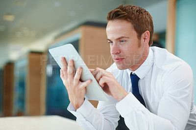Buy stock photo Businessman, tablet and thinking for proposal ideas, research or internet report in office. Email update, manager and professional employee planning for finance, accounting or project management