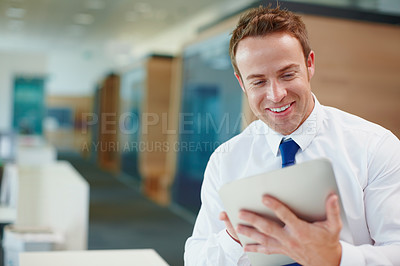 Buy stock photo Businessman, tablet and approval for project management, research or internet report in office. Email update, manager and professional employee planning for finance, accounting or proposal ideas