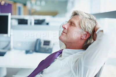 Buy stock photo Business, mature man and resting in office with eyes closed, completed tasks and stretching at law firm. Professional, lawyer and relax at desk for productivity, satisfied and done with legal case