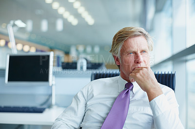 Buy stock photo Business, thinking and mature man in office, opportunity and ideas with problem solving. Person, employee and consultant in workplace, options and career ambition with solution. choice and decision