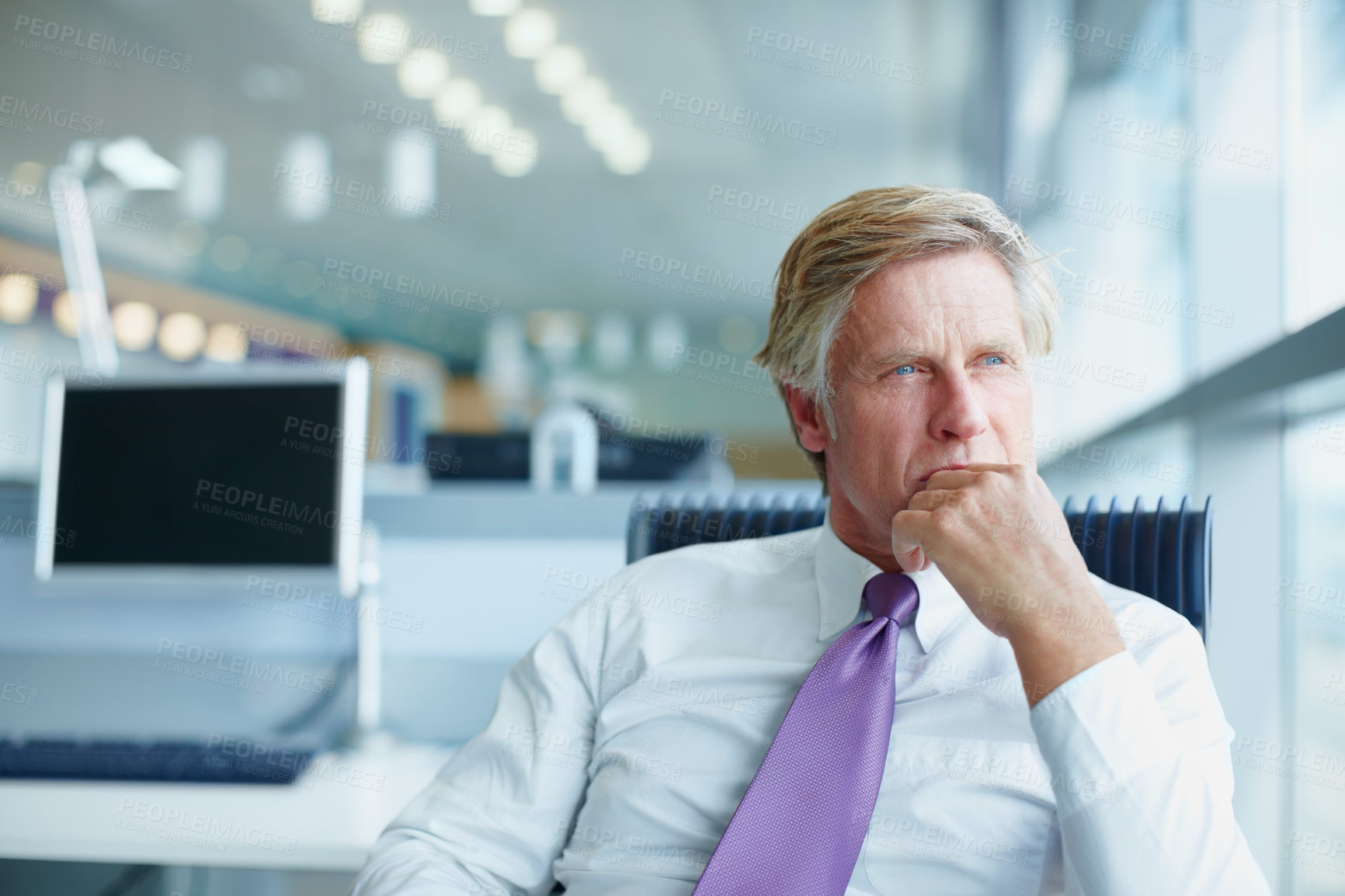 Buy stock photo Business, thinking and mature man in office, opportunity and ideas with problem solving. Person, employee and consultant in workplace, options and career ambition with solution. choice and decision