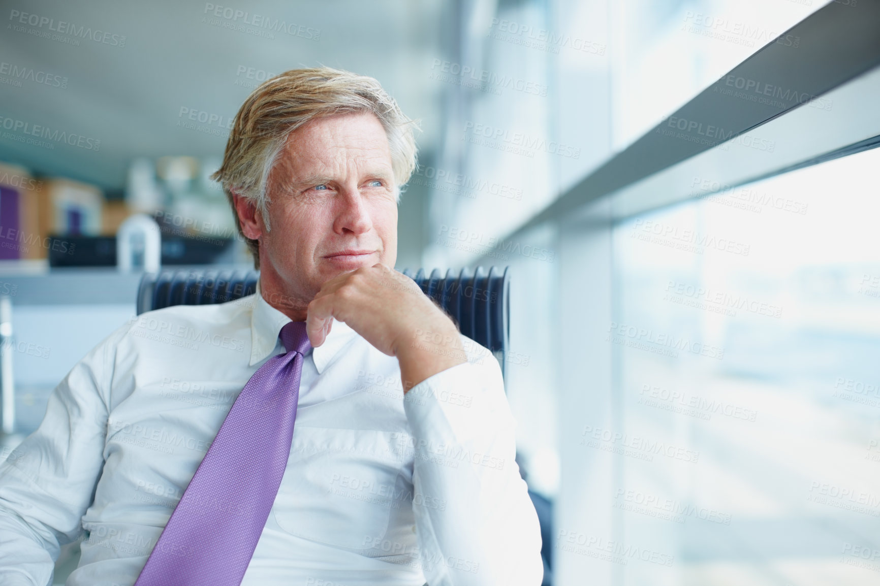 Buy stock photo Portrait of handsome business man looking through window