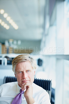 Buy stock photo Business, thinking and mature man with choice, ideas and daydreaming with problem solving. Person, employee and consultant in workplace, pride and career ambition with thoughts, solution and decision