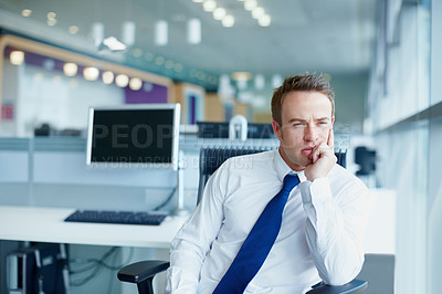 Buy stock photo Business, thinking and man in office, solution and decision with problem solving. Person, employee and consultant in workplace, choice or career ambition with ideas, thoughtful and wonder with option