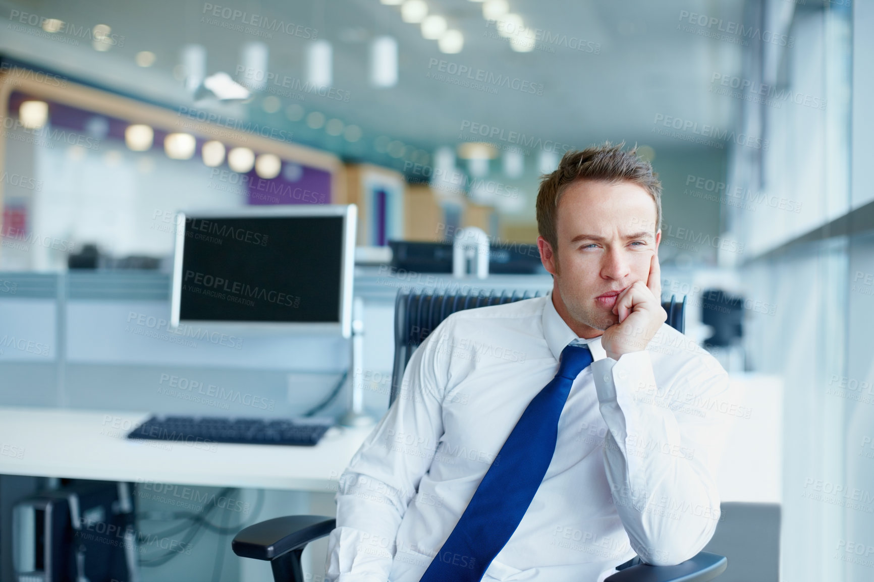 Buy stock photo Business, thinking and man in office, solution and decision with problem solving. Person, employee and consultant in workplace, choice or career ambition with ideas, thoughtful and wonder with option