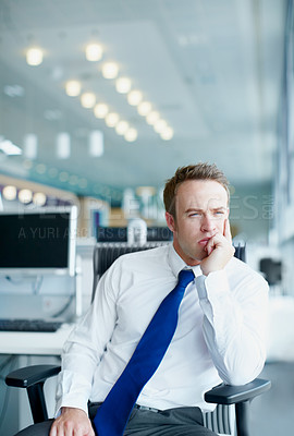 Buy stock photo Business, thinking and man in office, choice and decision with problem solving. Person, employee and consultant in workplace, pride and career ambition with ideas, solution and thoughtful with option