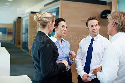 Buy stock photo Group, business people and meeting in office for finance, accounting or bookkeeping in agency. Teamwork, talking and career as payroll, management and professional in corporate bank for collaboration