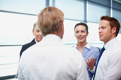 Buy stock photo Discussion, business people and meeting in office for finance, accounting or bookkeeping in agency. Team, talking and career as payroll, management or professional in corporate bank for collaboration