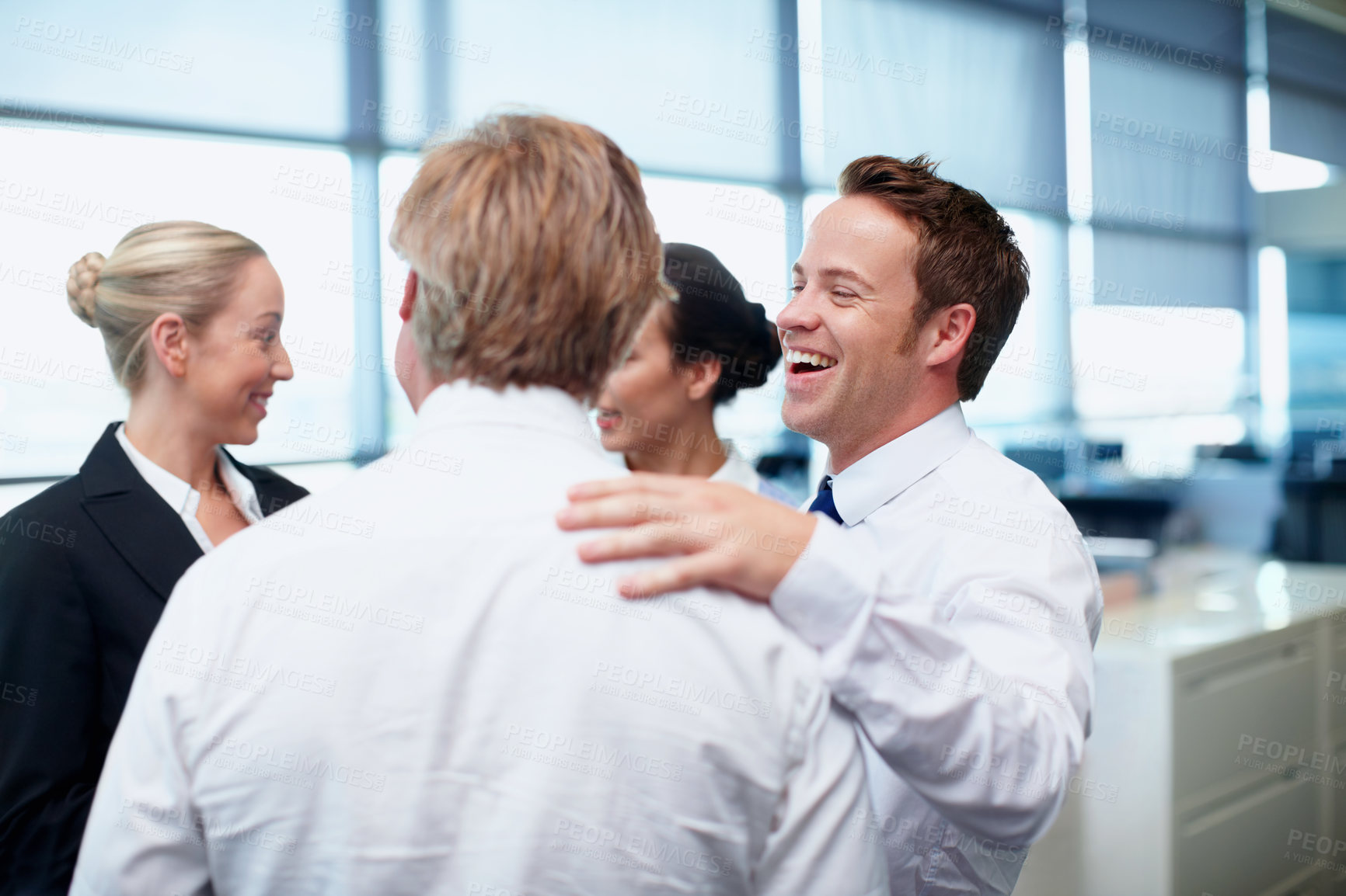 Buy stock photo Business people, teamwork and conversation in office, funny and brainstorming in lobby. Group, financial advisor and employees in workplace, discussion and advice with joke, laugh and accounting firm