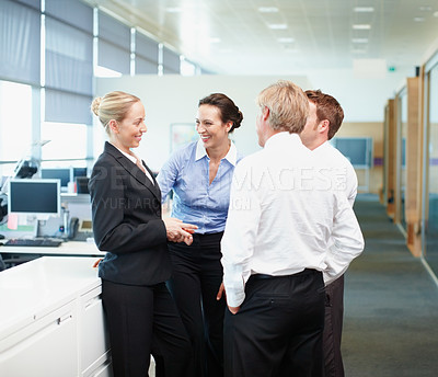 Buy stock photo Meeting, business people and talking for finance, accounting or bookkeeping in agency or career. Discussion, team and office as payroll, management or professional in corporate bank for collaboration