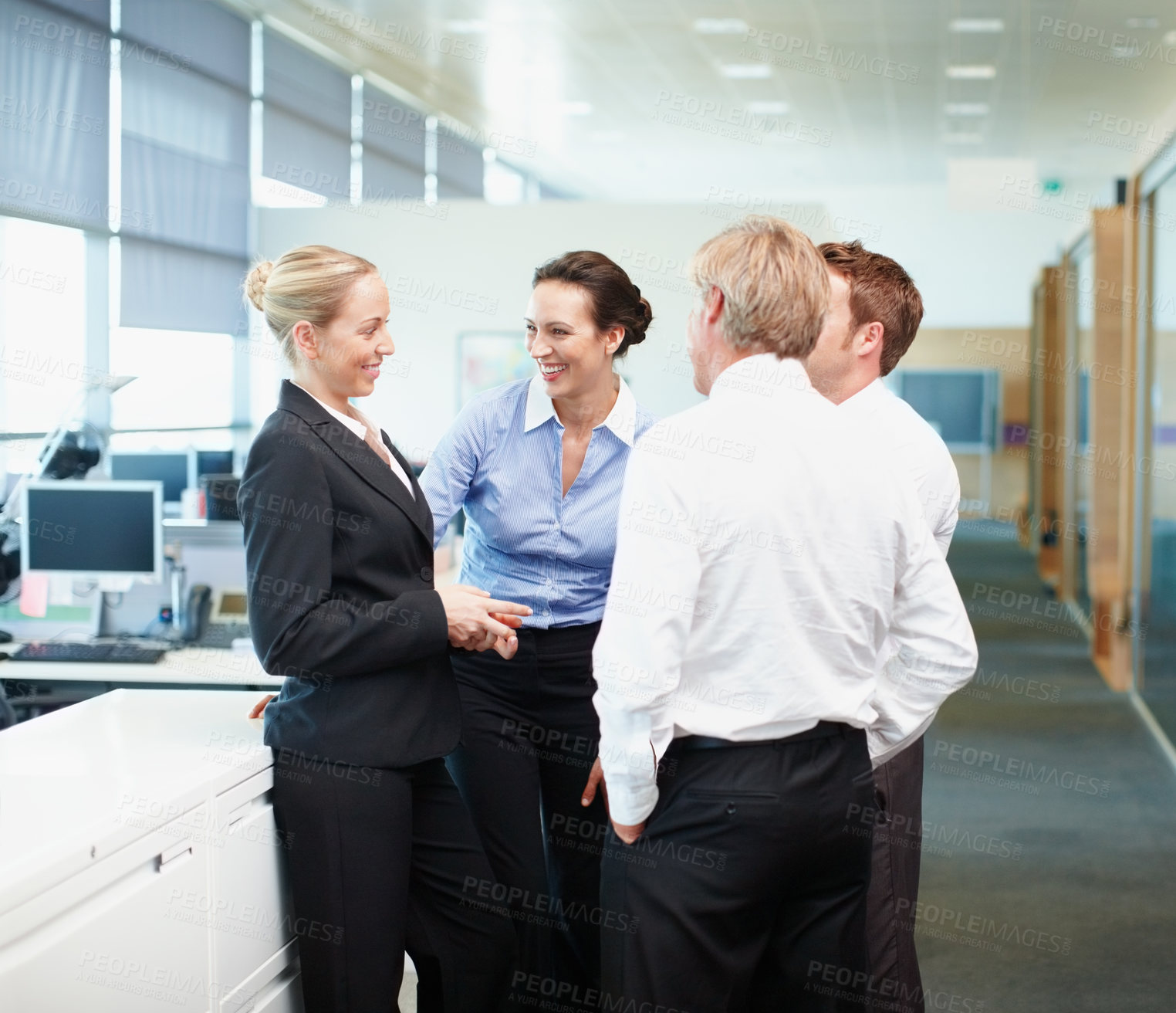 Buy stock photo Meeting, business people and talking for finance, accounting or bookkeeping in agency or career. Discussion, team and office as payroll, management or professional in corporate bank for collaboration