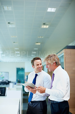 Buy stock photo Business people, mentor or tablet in office for advice or financial report in accounting firm. Research, manager or professional accountant in discussion for finance career, online update or teamwork