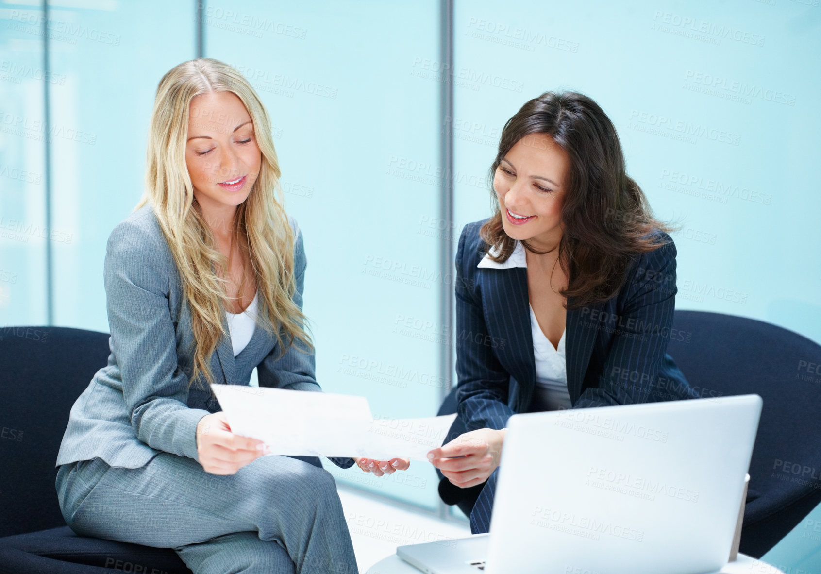Buy stock photo Business, women and meeting with document in office of accounting, reading information and finance report. People, laptop and budget paperwork of company proposal, investment planning and partnership