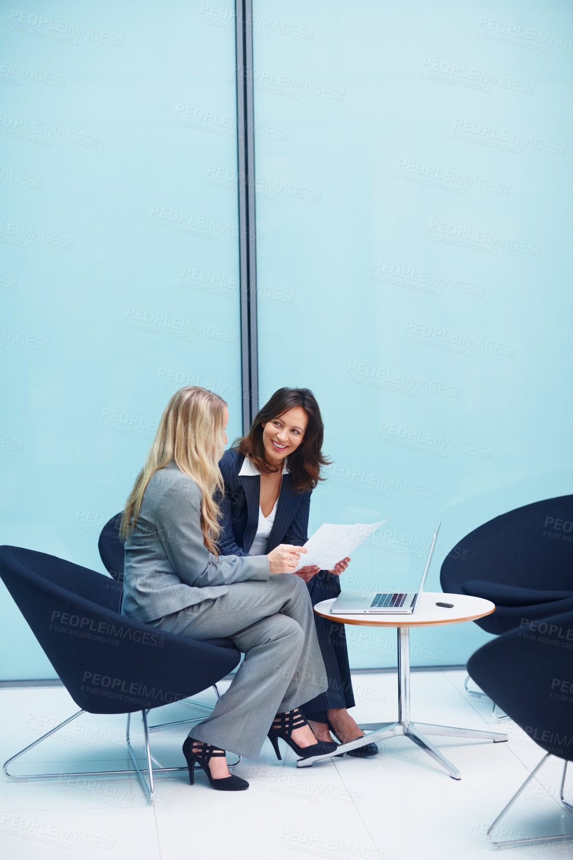 Buy stock photo Business, women and meeting with paperwork in office of accounting, reading information or finance report. People, laptop and budget documents of company proposal, investment planning and partnership