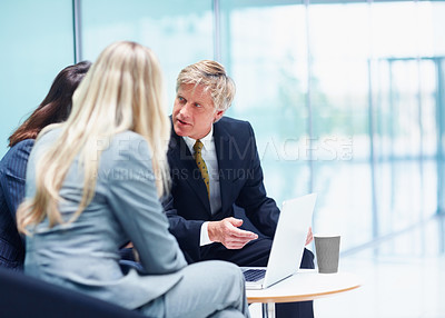 Buy stock photo Group, people and meeting on laptop in office of accounting, reading information and finance report. Staff, discussion and online feedback for budget planning, company proposal and investment funding