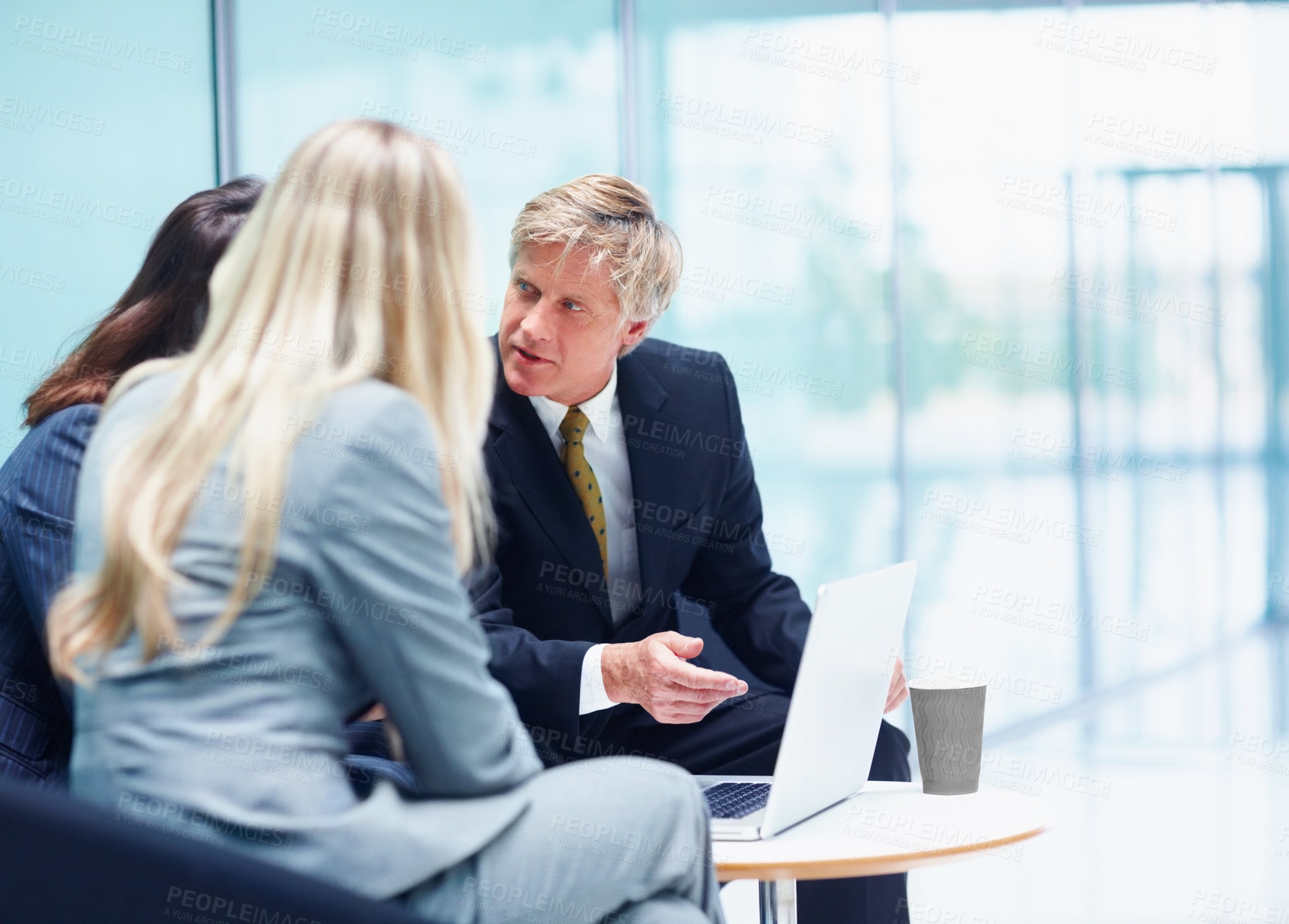 Buy stock photo Group, people and meeting on laptop in office of accounting, reading information and finance report. Staff, discussion and online feedback for budget planning, company proposal and investment funding