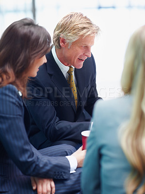Buy stock photo Law firm, teamwork and people in meeting for court case planning, strategy discussion or communication. Business man, corporate lawyer and collaboration for evidence review or legal conversation