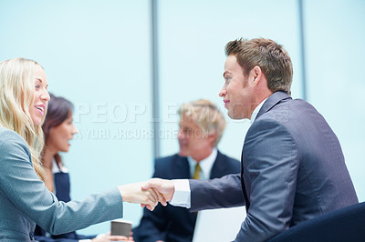 Buy stock photo Law firm, greeting and people shaking hands for court case planning, strategy discussion or communication. Business man, corporate lawyer and handshake for evidence review or legal conversation