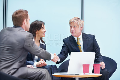 Buy stock photo Law firm, partnership and people shaking hands for court case planning, strategy discussion or communication. Business man, corporate lawyer and handshake for evidence review or legal conversation