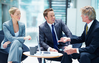 Buy stock photo Law firm, teamwork and people smile for partnership planning, strategy discussion or communication. Business man, corporate lawyer and collaboration for evidence review or legal conversation feedback