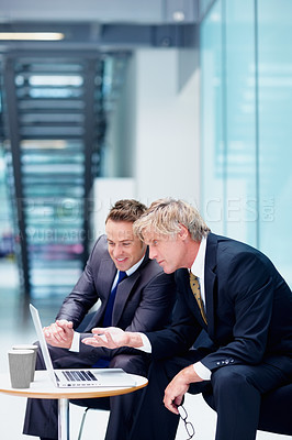 Buy stock photo Discussion, meeting or business people with laptop or legal team for court case, research or support. Smile, corporate or lawyers in office with attorney or advisor at law firm for review or feedback