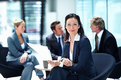 Buy stock photo Portrait, meeting or businesswoman with documents or legal team for court case, research or support. Confident, paperwork or lawyers in office with attorney or advisor at law firm for feedback review