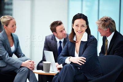 Buy stock photo Portrait, meeting or happy businesswoman with documents or legal team for court case, research or support. Confident, paperwork or lawyers in office with attorney or advisor at law firm for feedback