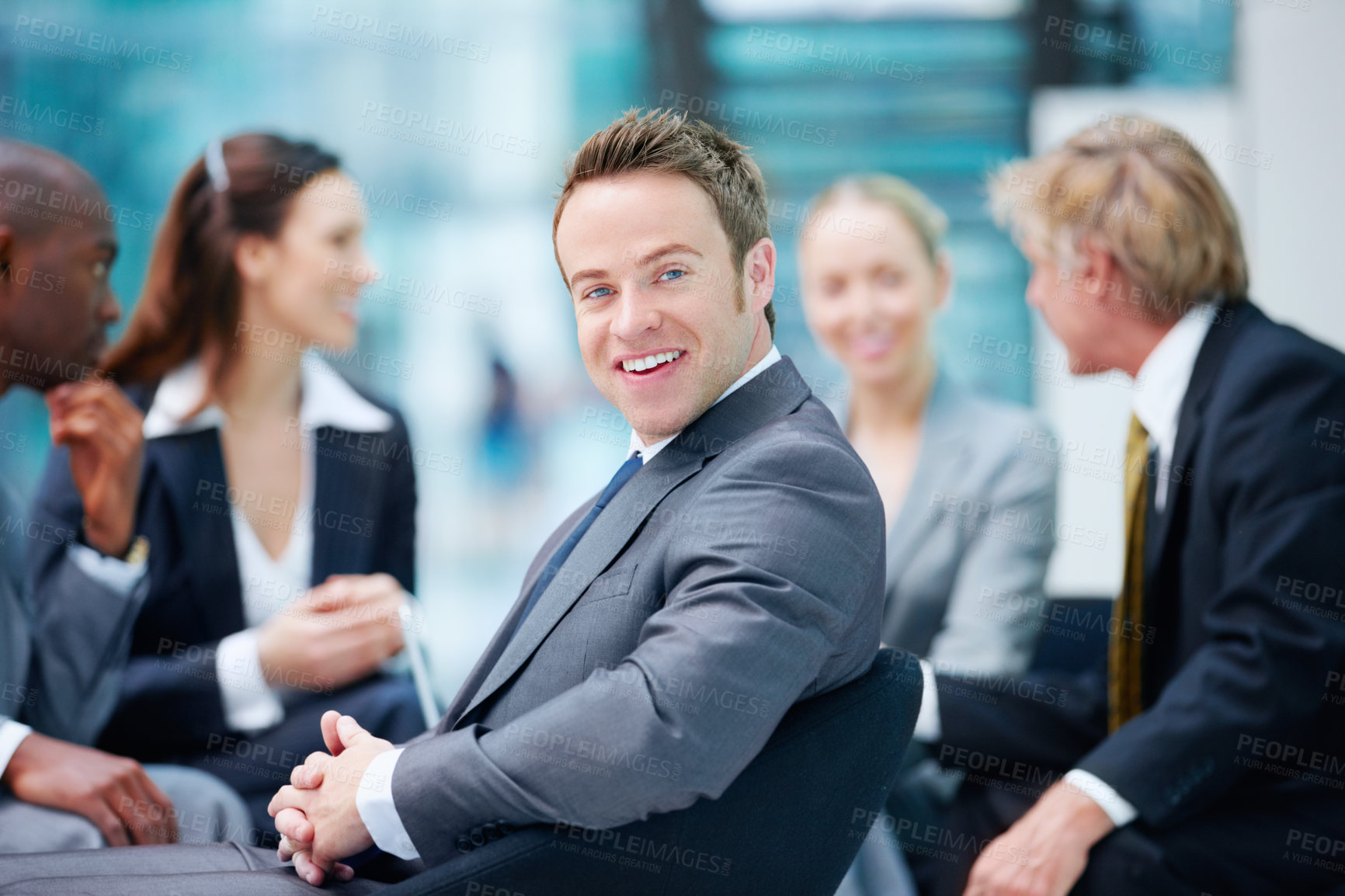 Buy stock photo Portrait, meeting or happy businessman with confidence or legal team for court case, research or support. Collaboration, smile or lawyers in office with attorney or advisor at law firm for feedback