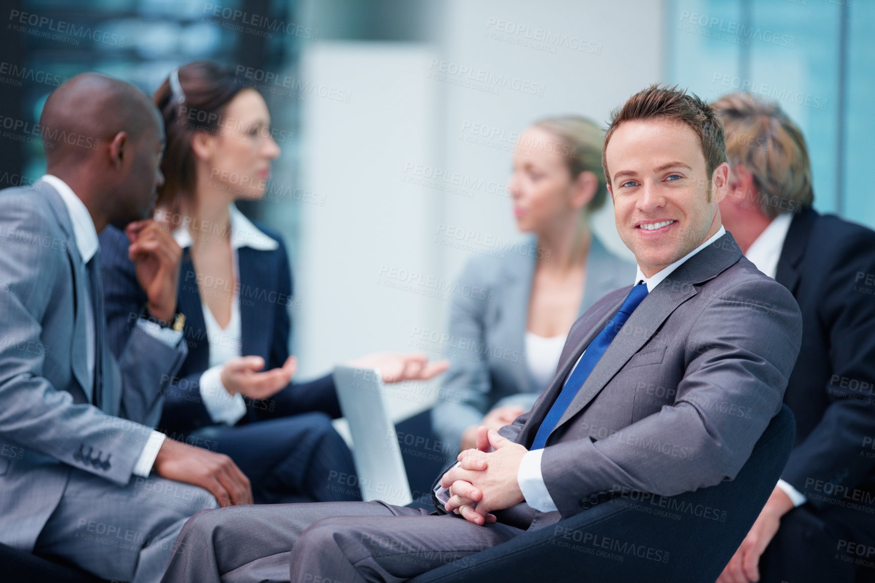 Buy stock photo Portrait, meeting or proud businessman with smile or legal team for court case, research or support. Collaboration, confident or lawyers in office with attorney or advisor at law firm for feedback