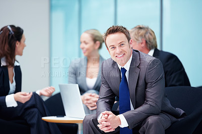 Buy stock photo Portrait, meeting or confident businessman with smile or legal team for court case, research or support. Collaboration, proud or lawyers in office with attorney or advisor at law firm for feedback