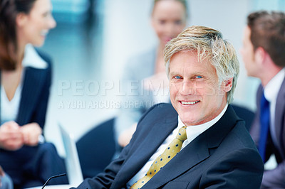 Buy stock photo Portrait, meeting or mature businessman with smile or legal team for court case, research or people. Collaboration, confidence or lawyers in office with attorney or advisor at law firm for feedback