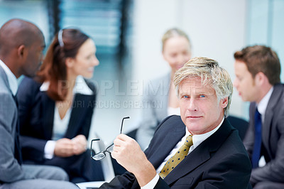 Buy stock photo Portrait, meeting or serious mature businessman with legal team for court case, research or people. Collaboration, boss or confident lawyer in office with attorney or advisor at law firm for feedback
